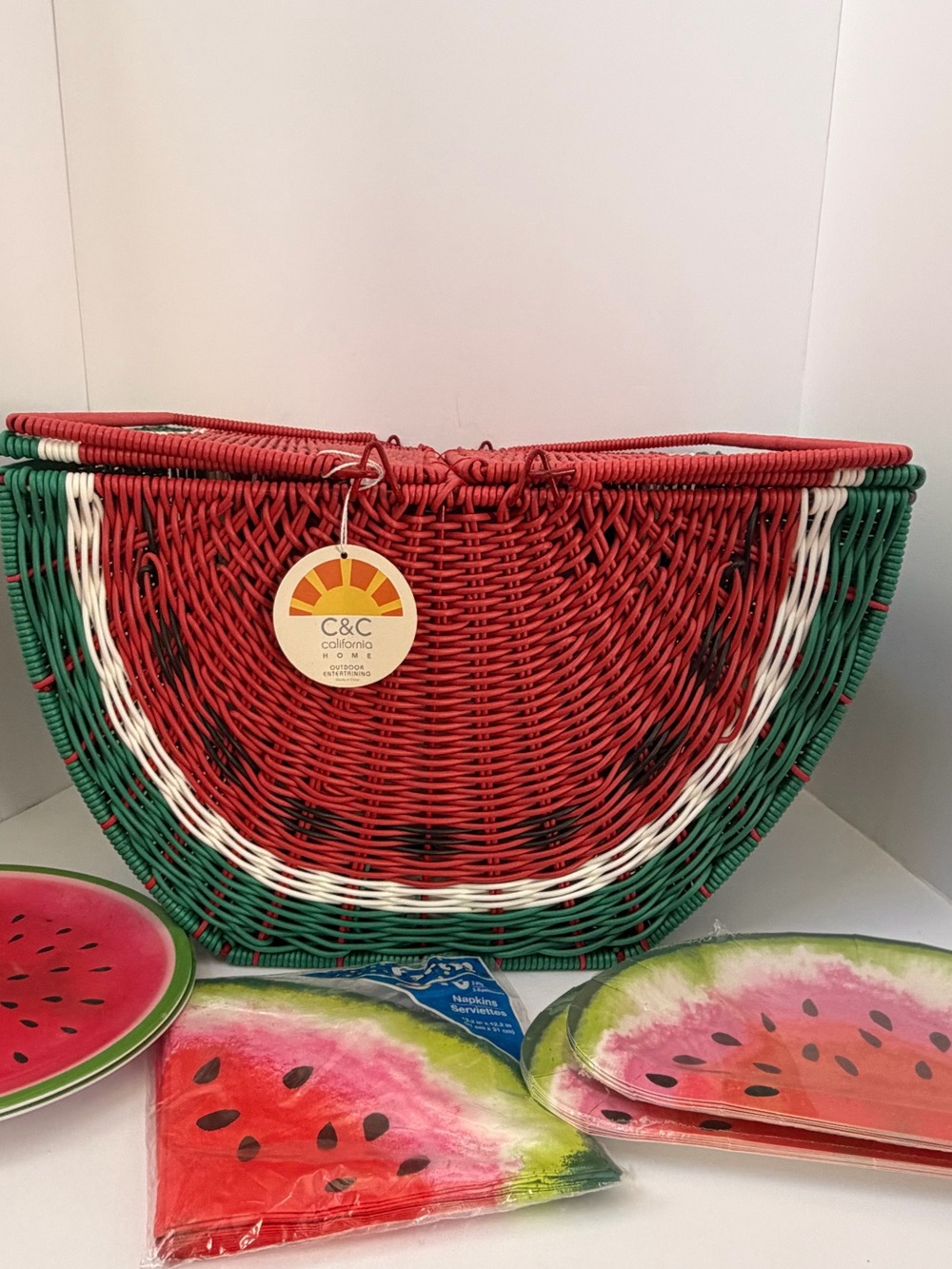 C&C California Watermelon Woven Basket Tote - Red, Green, White